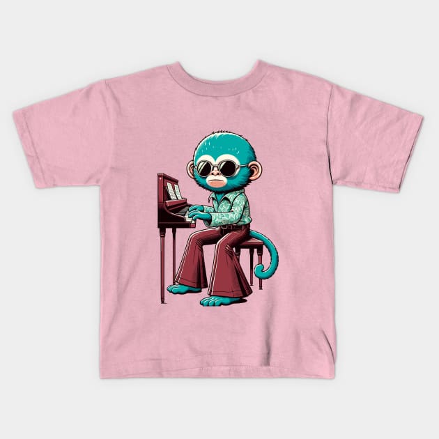 Groovy 70s Piano-Playing Monkey - Colorful Cartoon Vector Art Kids T-Shirt by TimeWarpWildlife